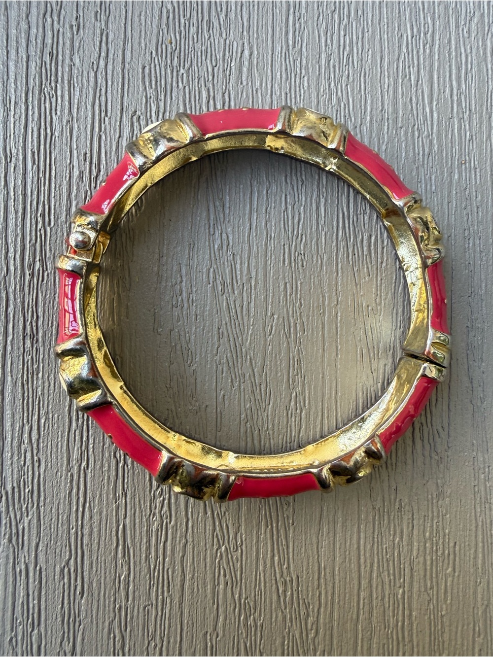Fornash Pink Enamel Gold Tone Bamboo Hinged Bangle Bracelet